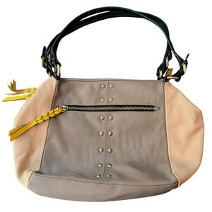 OrYany Neutral Color block Leather Shoulder Bag Large Taupe Blush Studded Tassel